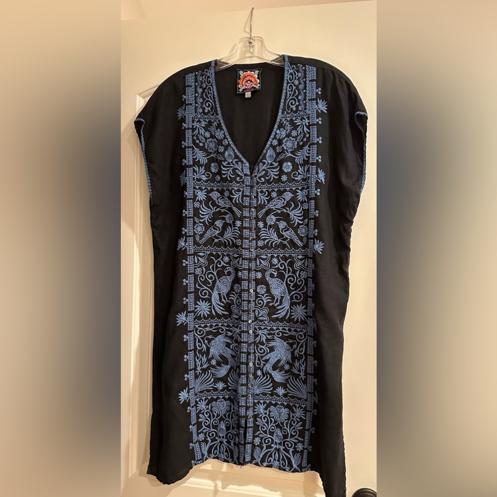 Johnny Was Linen Dress. Black with bright Blue Embroidery.